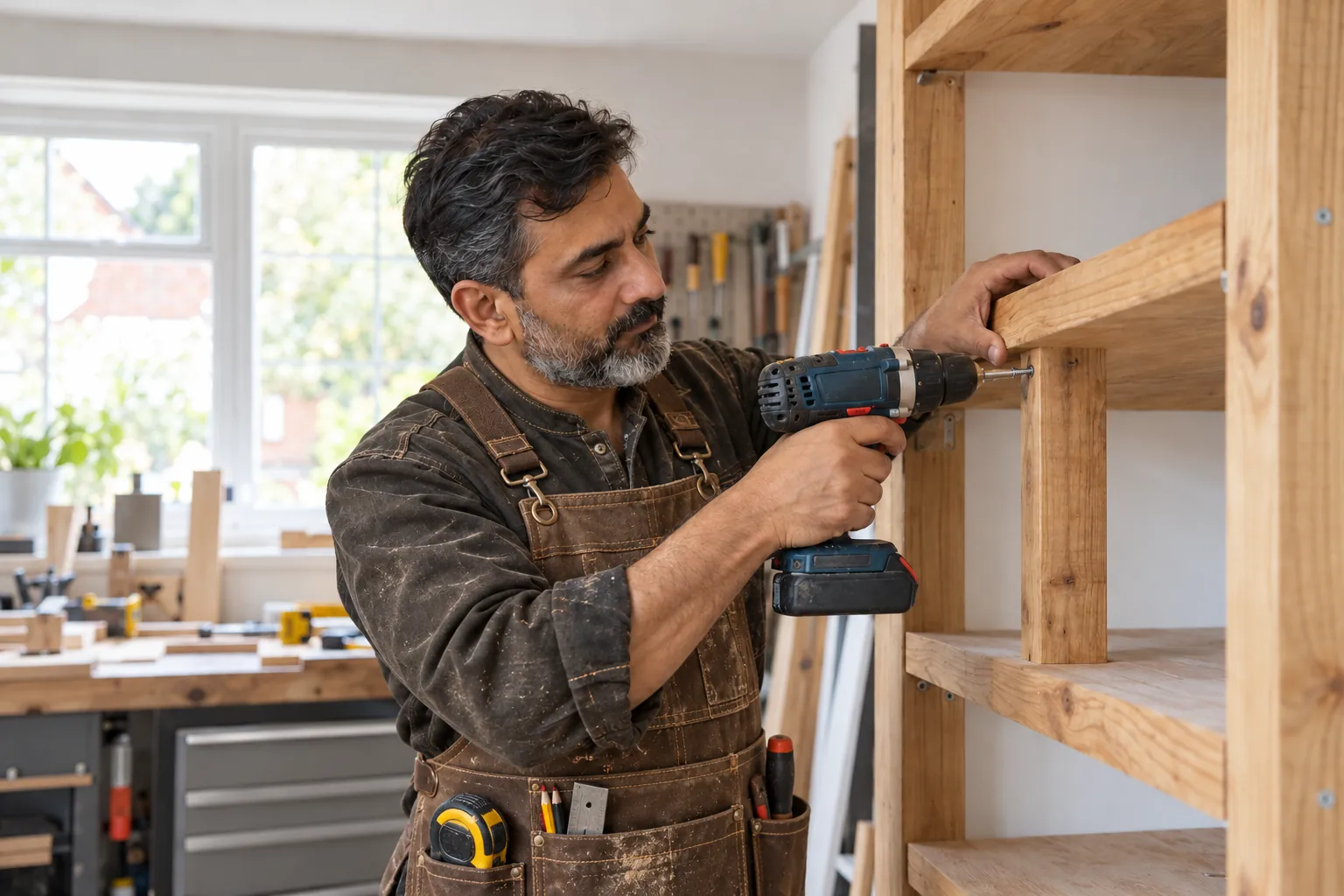 Carpenter installing timber shelves