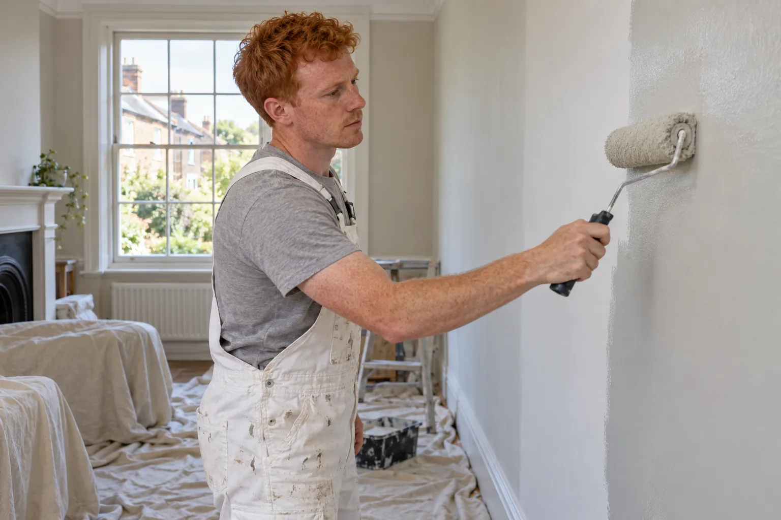 Painter rolling paint onto a living room wall