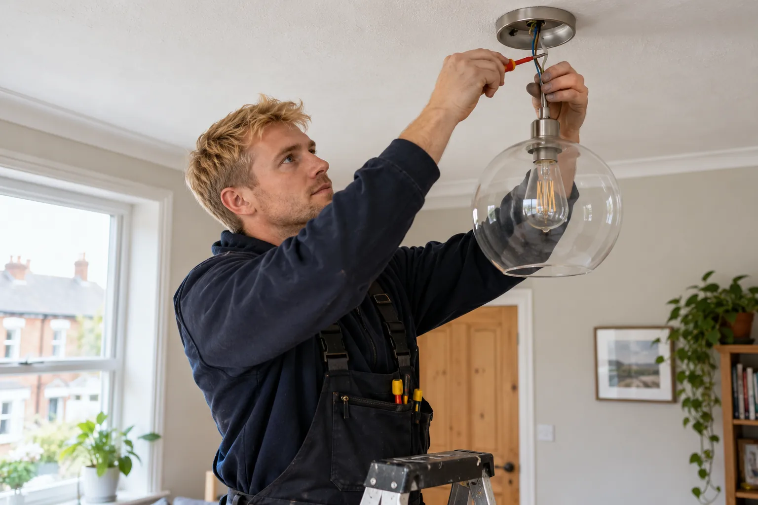 Electrician fitting a ceiling light in a home