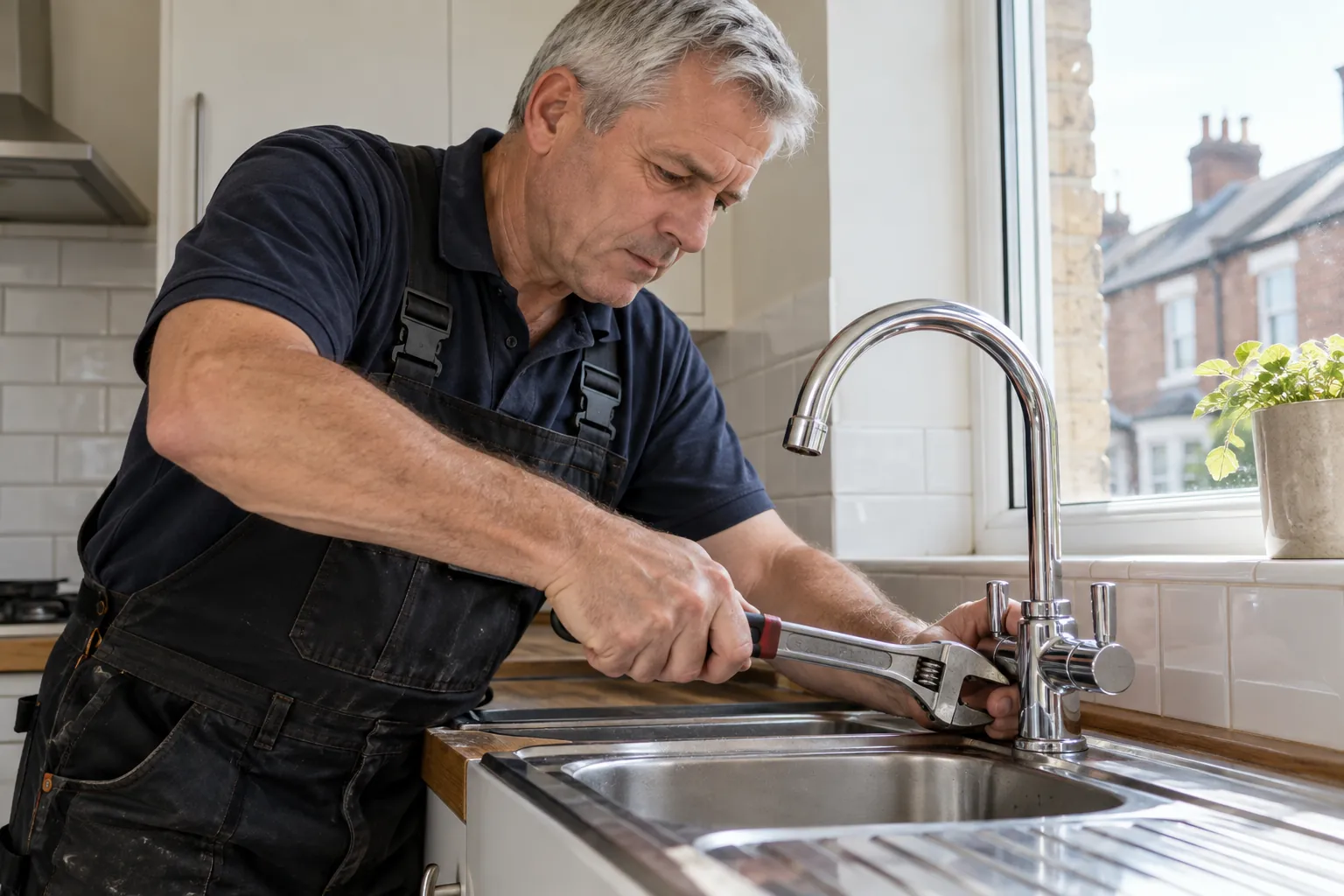 Plumber fitting a kitchen tap