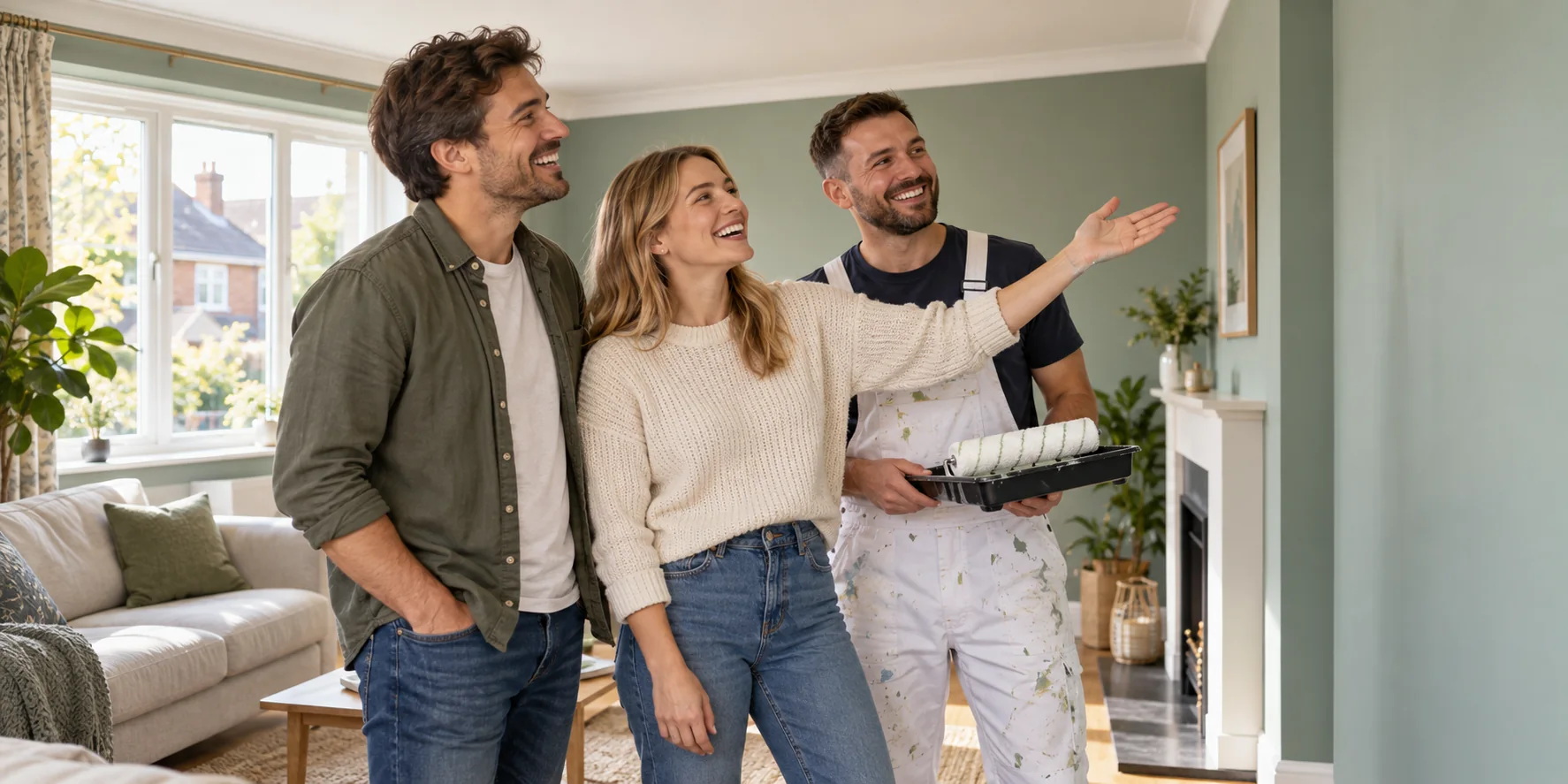 Homeowners smiling with a decorator after finishing their living room