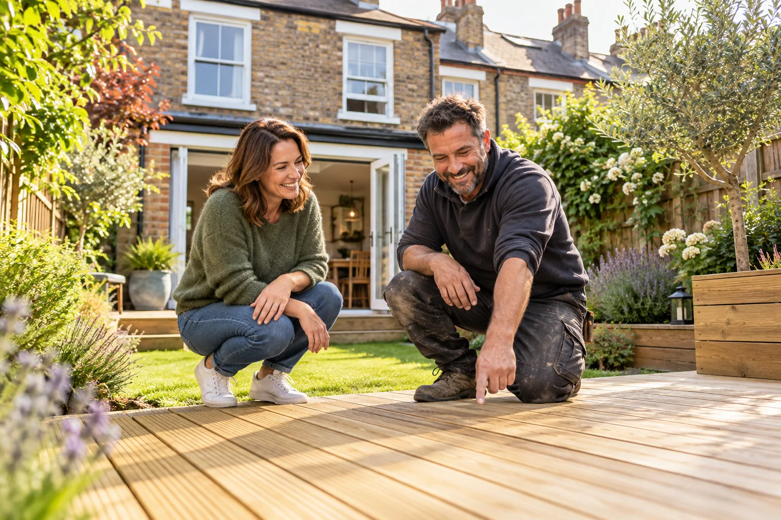 Smiling homeowner and tradesperson looking at a finished garden deck